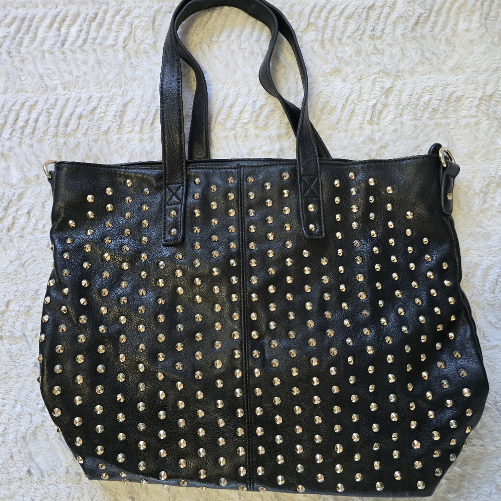 Sleek Black Tote Bag with Studded Design and Spacious Structure